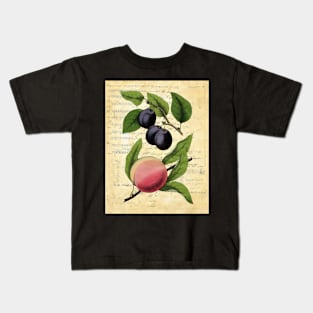 Vintage Plums Peach Botanical on Old Book Pages Kids T-Shirt